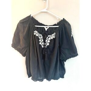 Lucky Brand peasant sheer top black white floral Made in India NWT sz XL